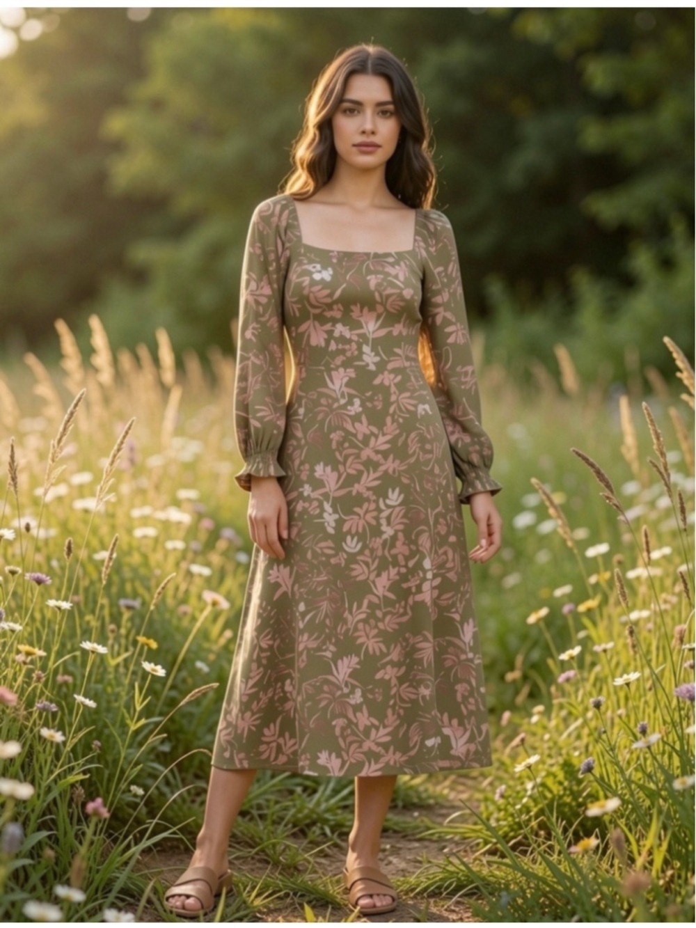 Dress Forum LA milkmaid green and pink Midi Dress Size Small floral